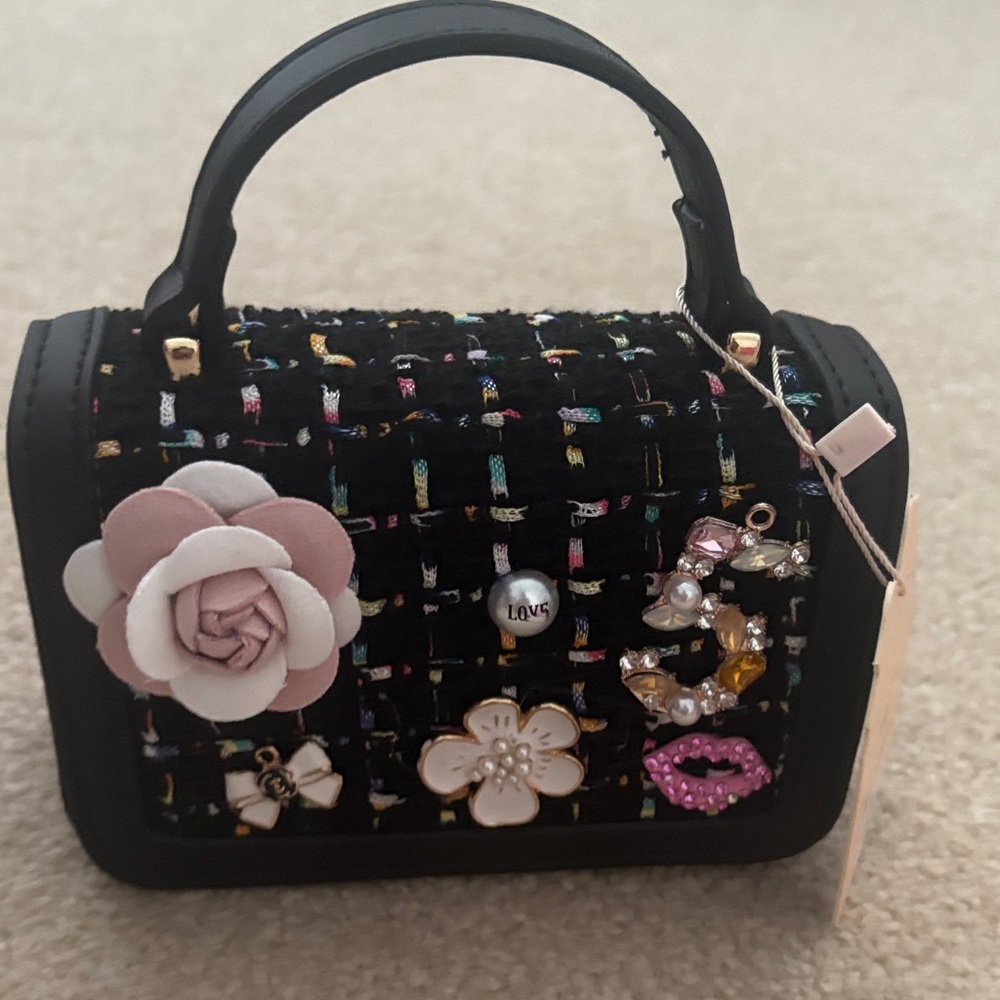 Charming Black and Multicolor Embellished Kids Handbag